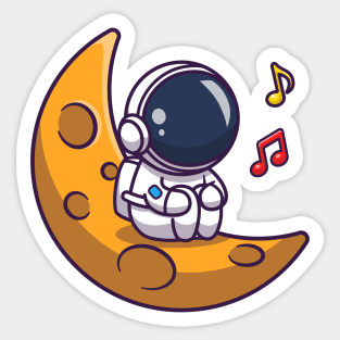 Cute Astronaut Listening Music On Moon Cartoon Sticker